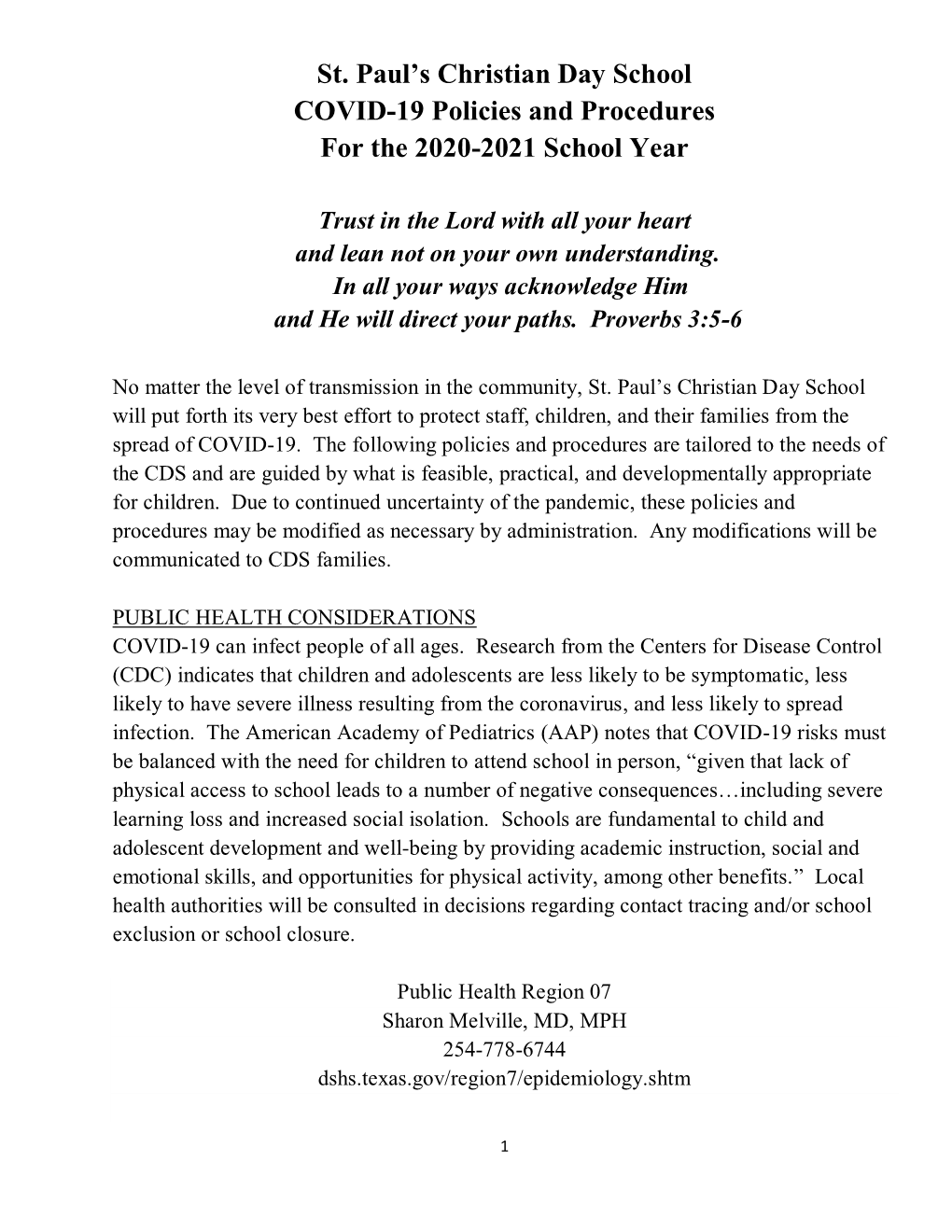 St. Paul's Christian Day School COVID-19 Policies and Procedures For