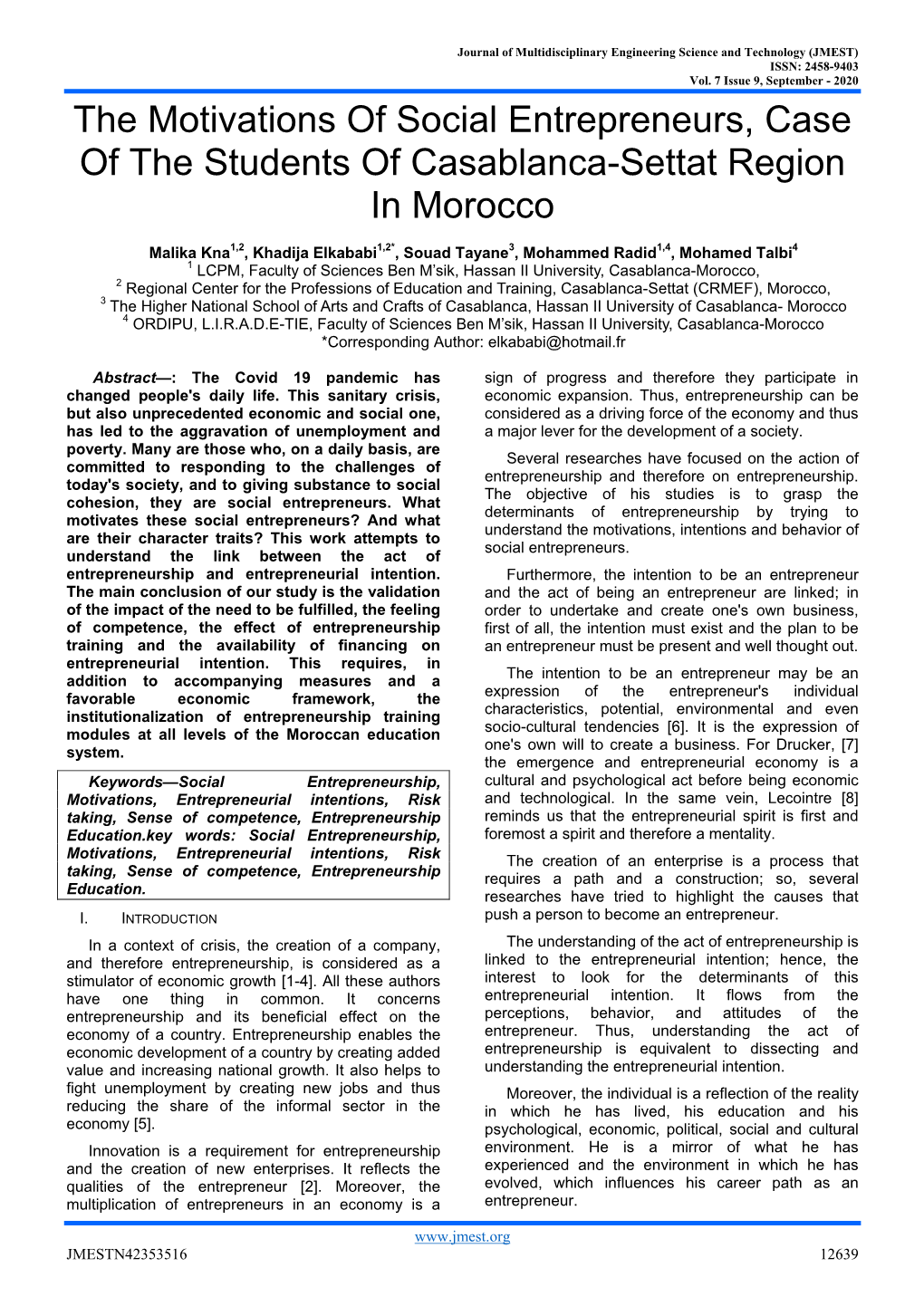 The Motivations of Social Entrepreneurs, Case of the Students of Casablanca-Settat Region in Morocco