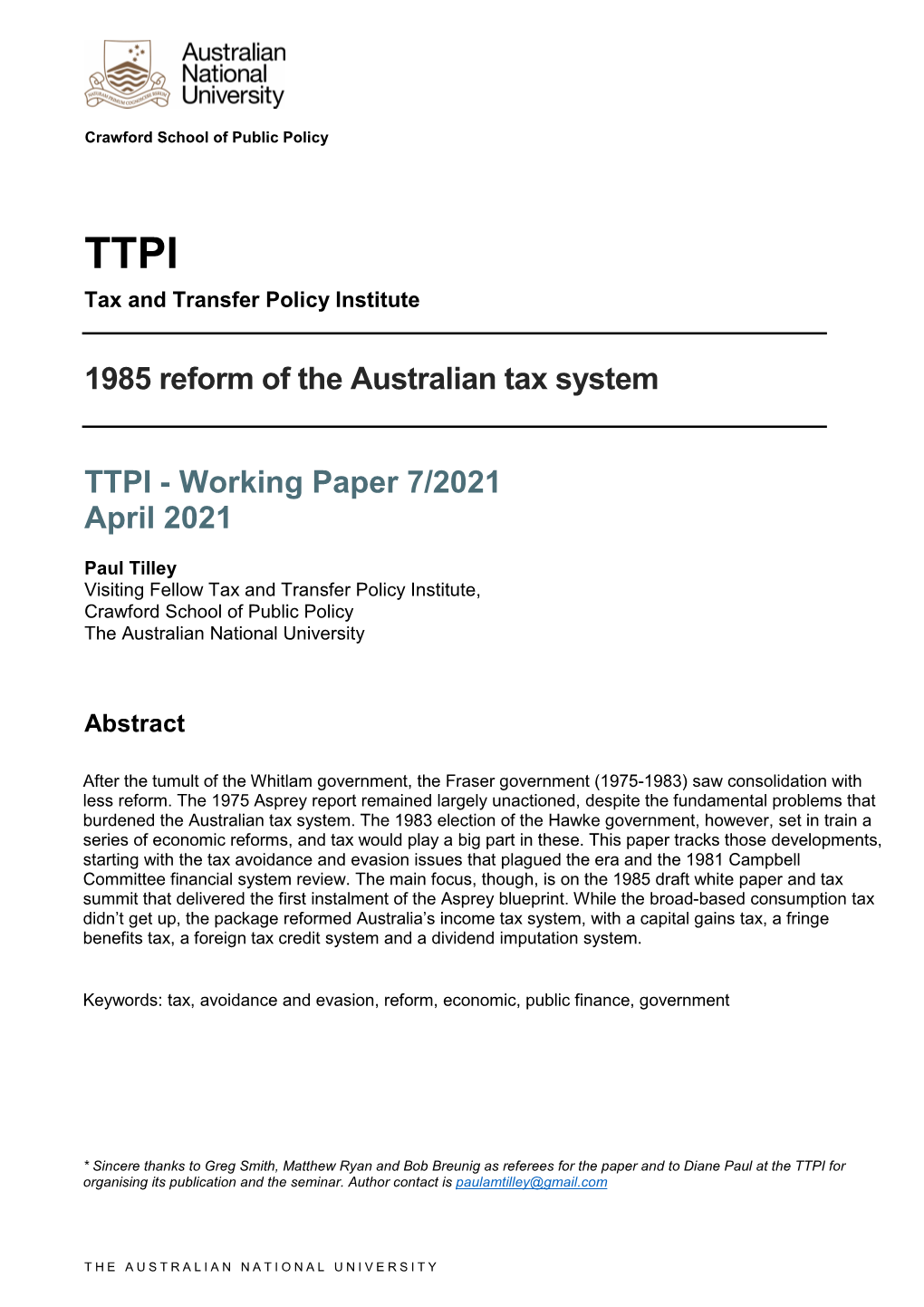 1985 Reform of the Australian Tax System