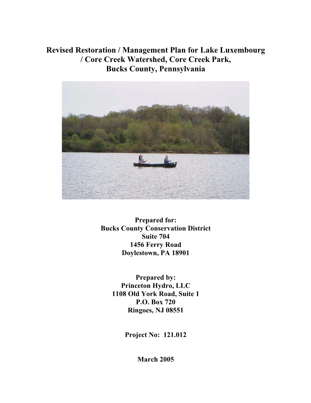 Revised Restoration / Management Plan for Lake Luxembourg / Core Creek Watershed, Core Creek Park, Bucks County, Pennsylvania