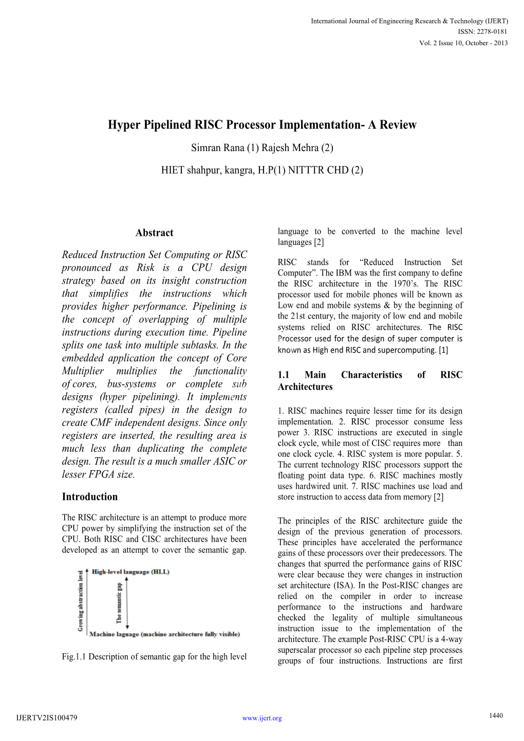 Hyper Pipelined RISC Processor Implementation- a Review Simran Rana (1) Rajesh Mehra (2) HIET Shahpur, Kangra, H.P(1) NITTTR CHD (2)