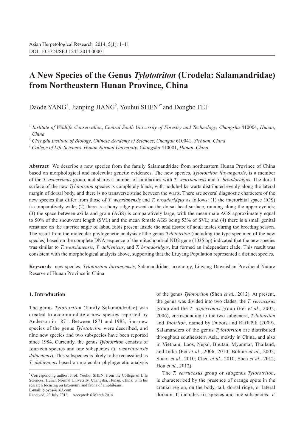 A New Species of the Genus Tylototriton (Urodela: Salamandridae) from Northeastern Hunan Province, China