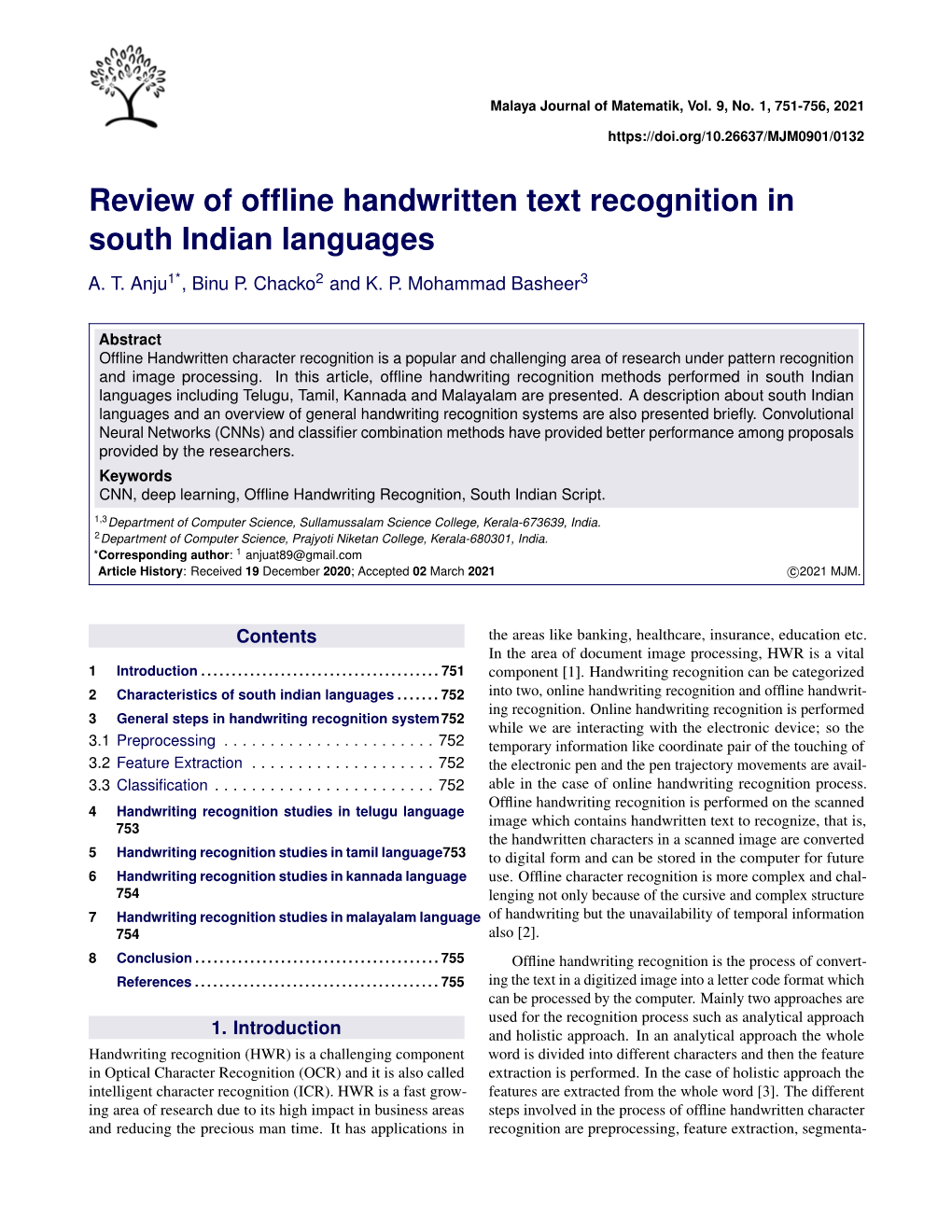 Review of Offline Handwritten Text Recognition in South Indian Languages