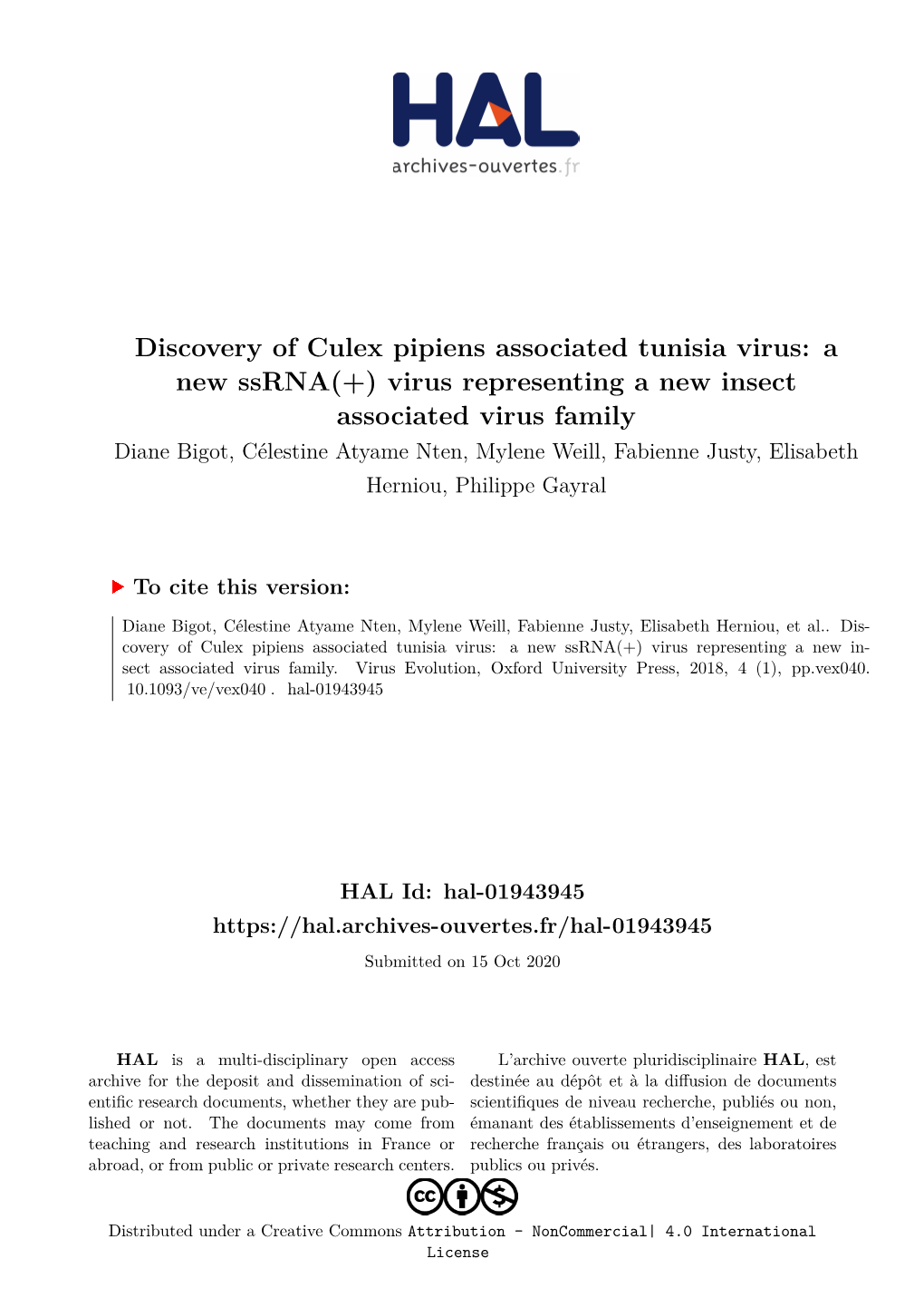 Discovery of Culex Pipiens Associated Tunisia Virus