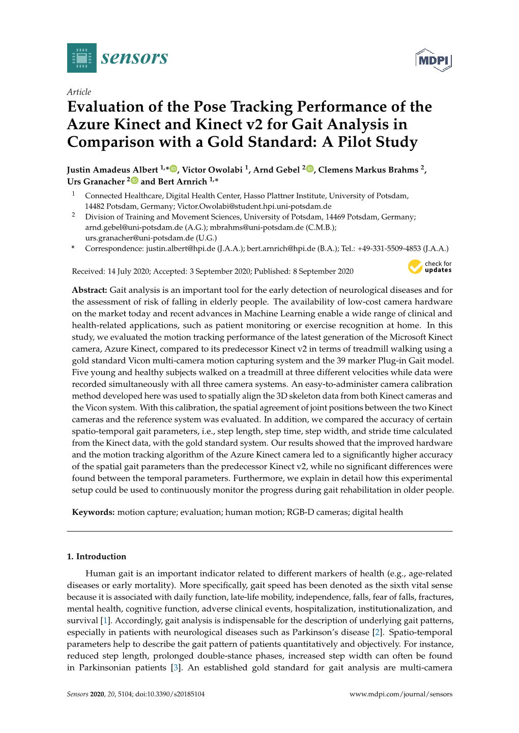 Evaluation of the Pose Tracking Performance of the Azure Kinect and Kinect V2 for Gait Analysis in Comparison with a Gold Standard: a Pilot Study