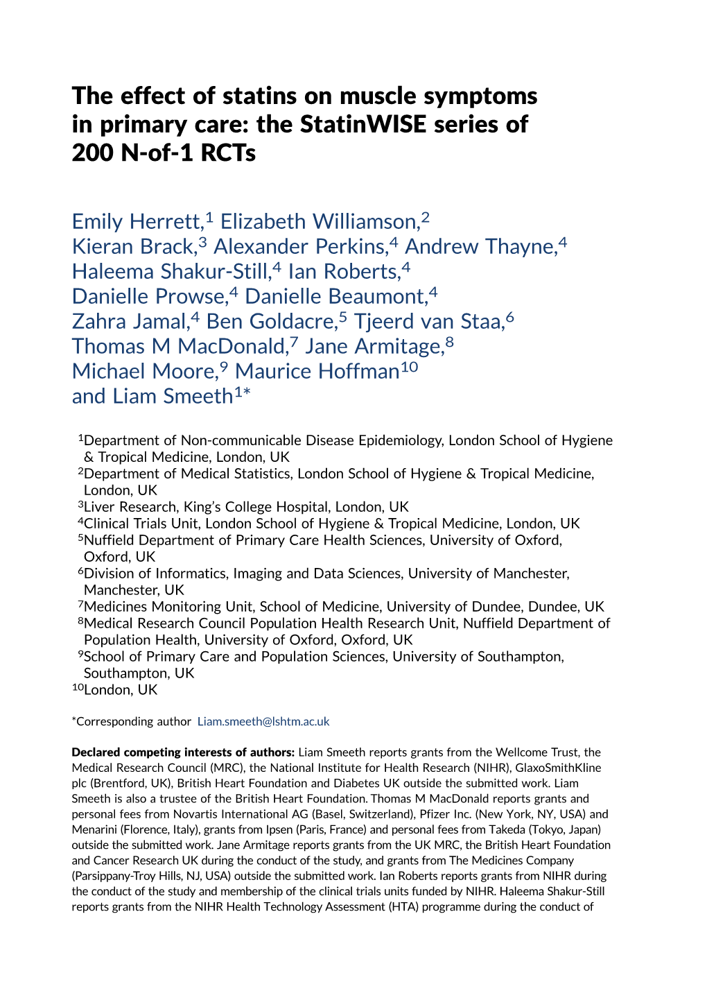 Scientific Summary the Statinwise Series of 200 N-Of-1 Rcts Health Technology Assessment 2021; Vol