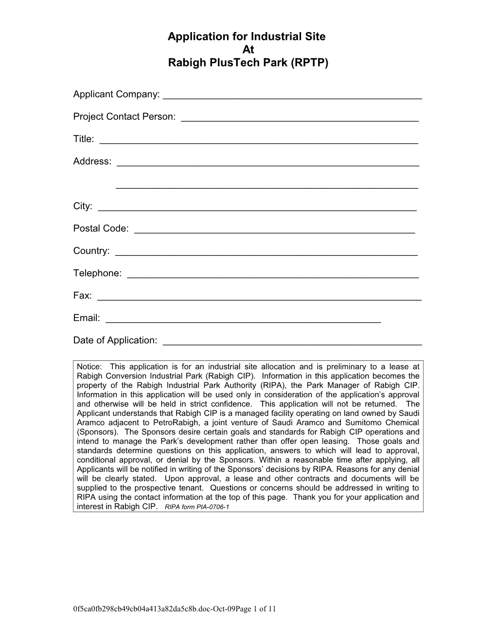 Application for Industrial Site Primary Industries