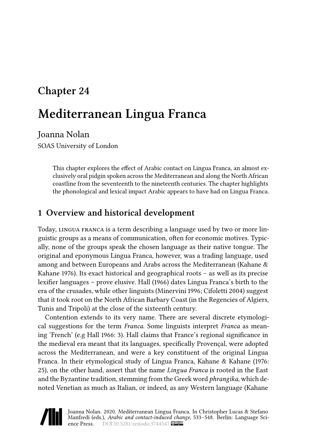 Chapter 24 Mediterranean Lingua Franca Joanna Nolan SOAS University of London