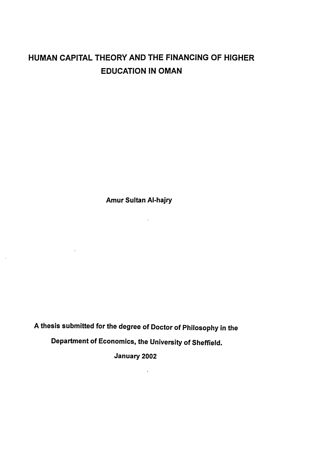 Human Capital Theory and the Financing of Higher Education in Oman