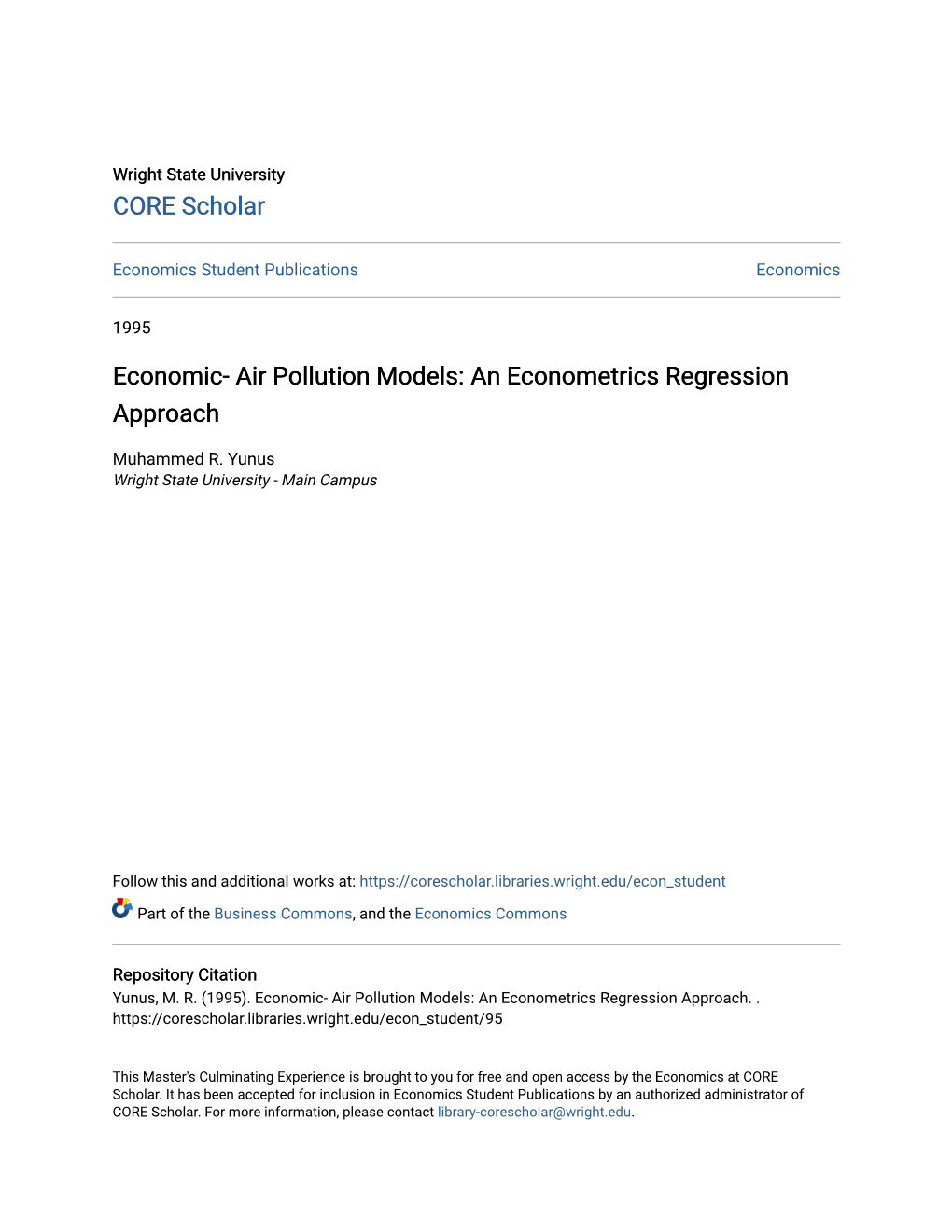 Economic- Air Pollution Models: an Econometrics Regression Approach