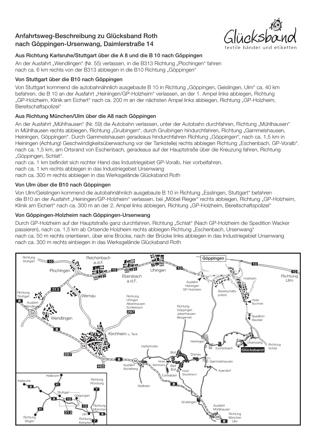Anfahrtsweg-Beschreibung Zu Glücksband Roth Nach Göppingen-Ursenwang, Daimlerstraße 14
