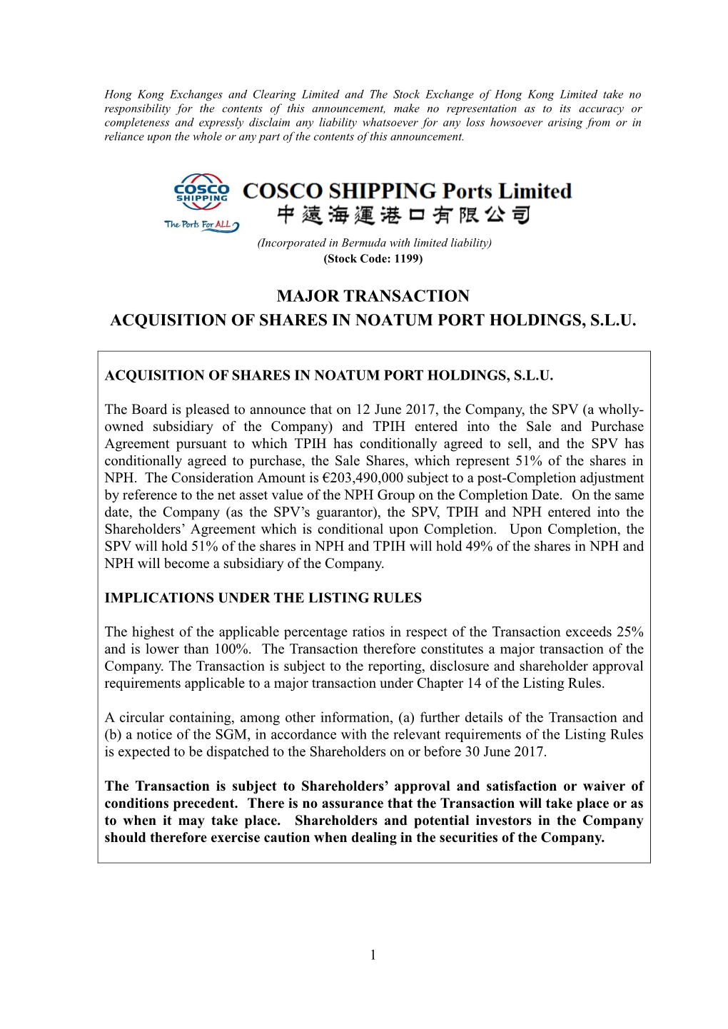 Acquisition of Shares in Noatum Port Holdings, S.L.U