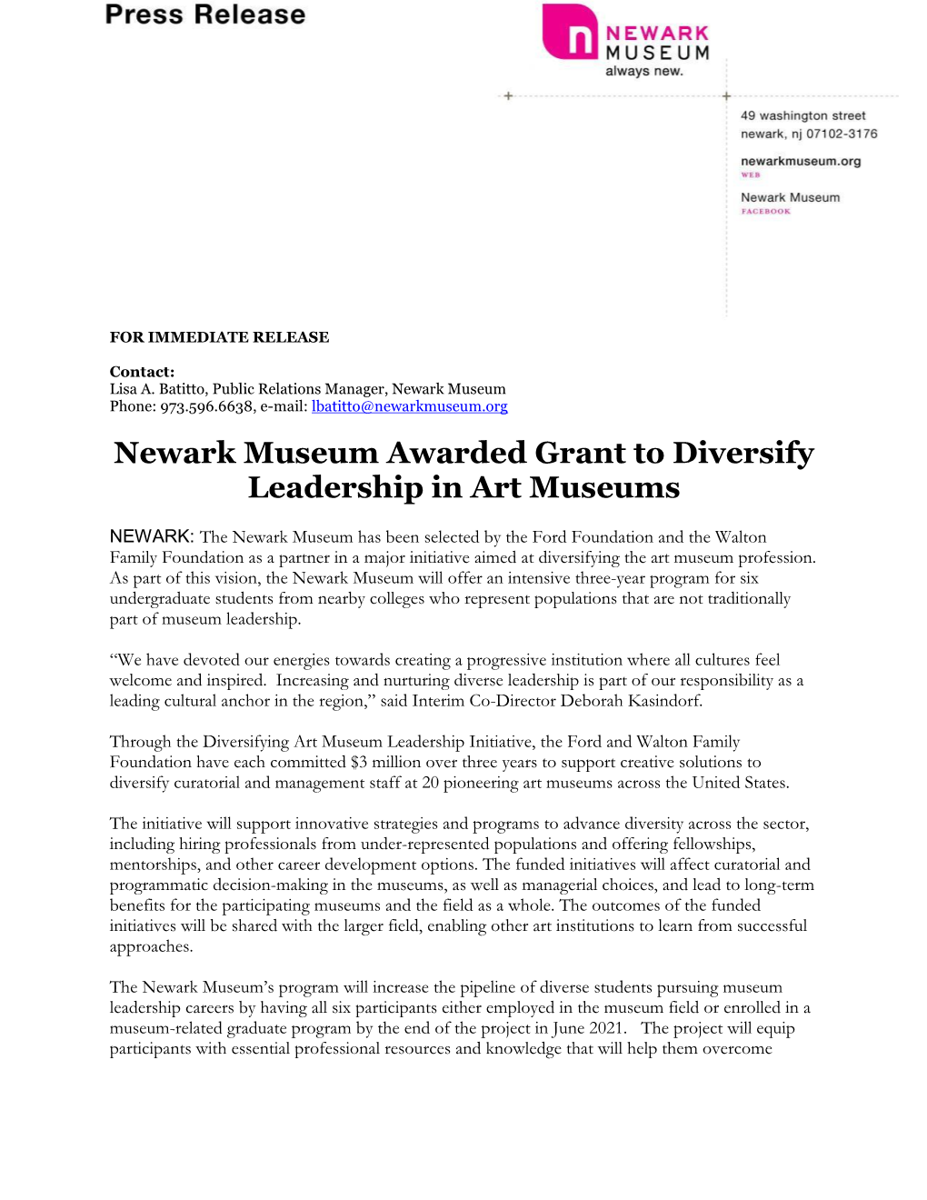 Newark Museum Awarded Grant to Diversify Leadership in Art Museums