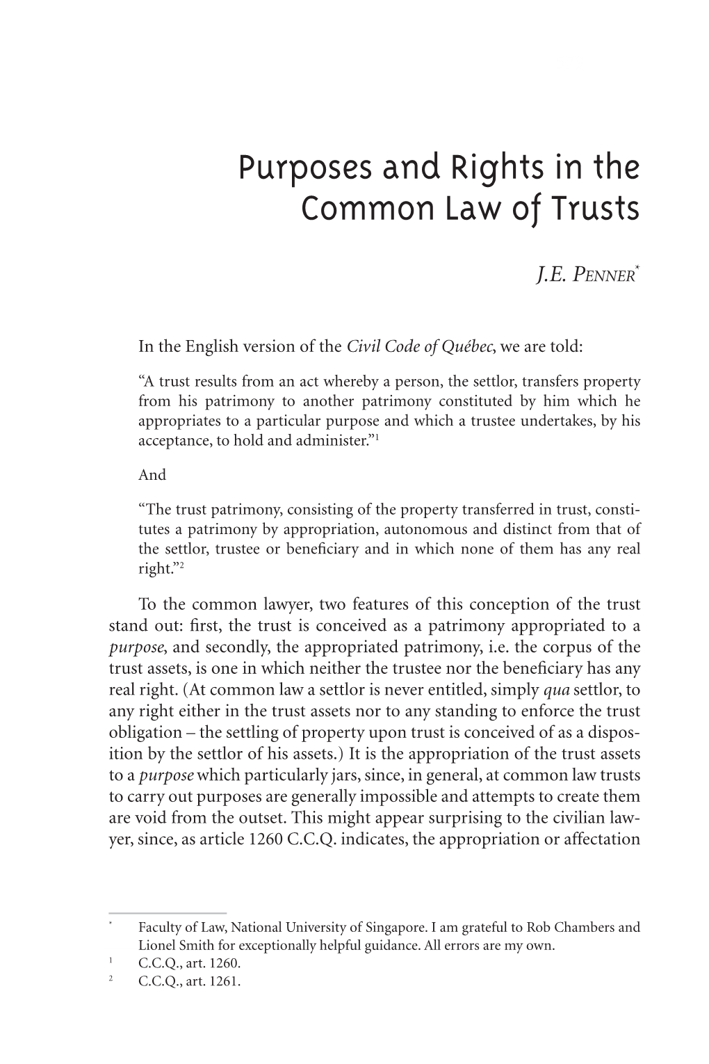Purposes and Rights in the Common Law of Trusts