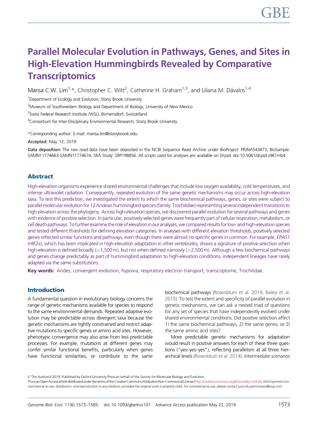 Parallel Molecular Evolution in Pathways, Genes, and Sites in High-Elevation Hummingbirds Revealed by Comparative Transcriptomics