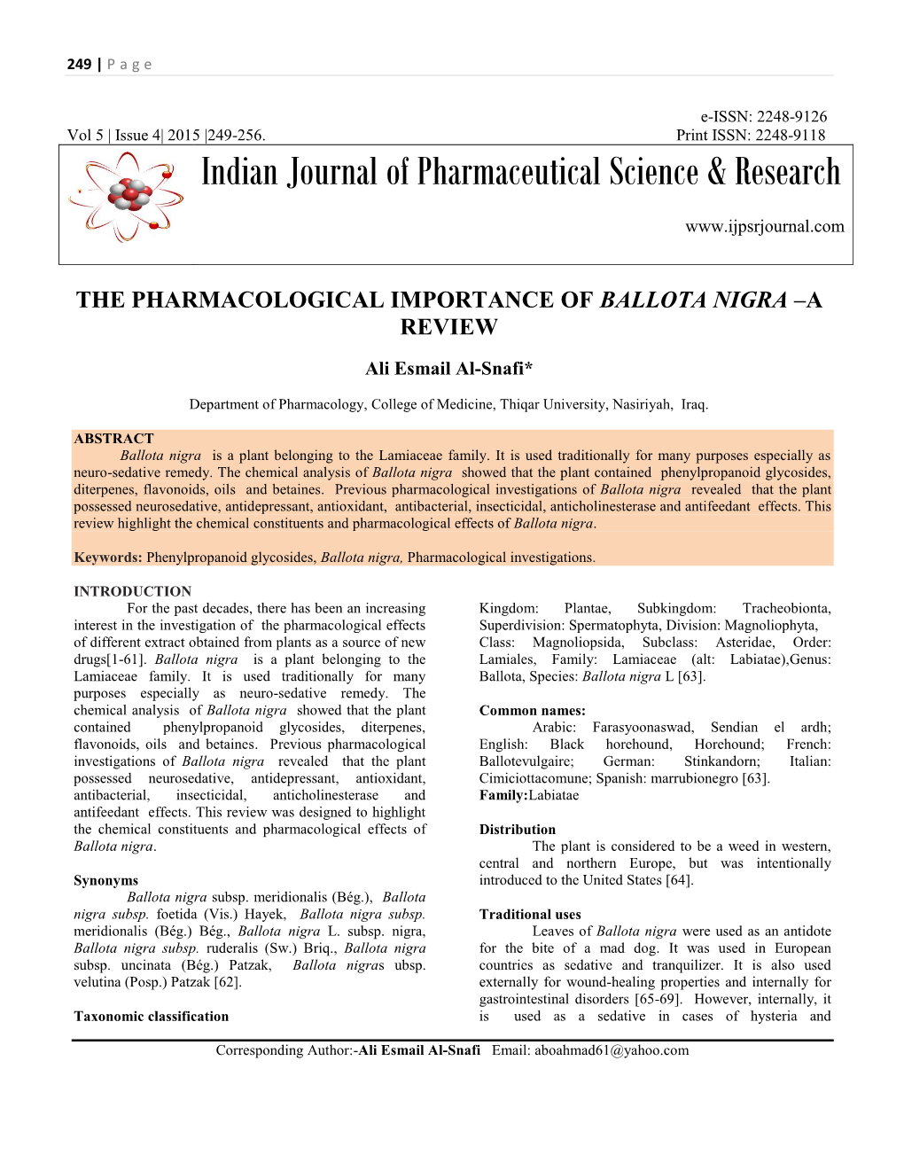 The Pharmacological Importance of Ballota Nigra –A Review