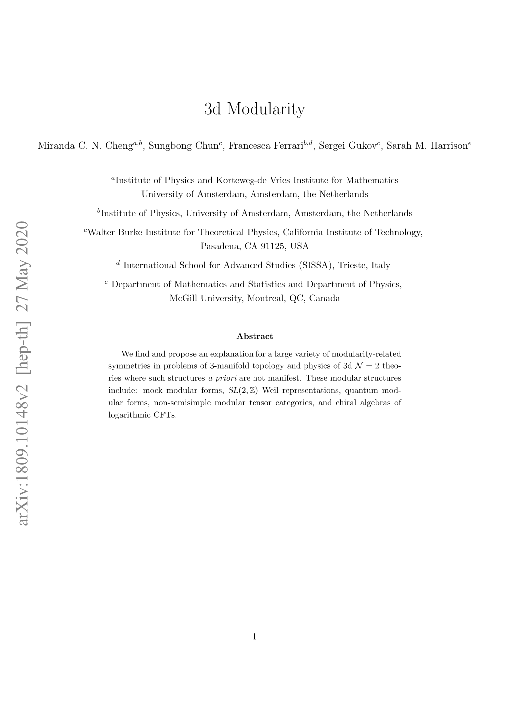 3D Modularity Arxiv:1809.10148V2 [Hep-Th] 27 May 2020