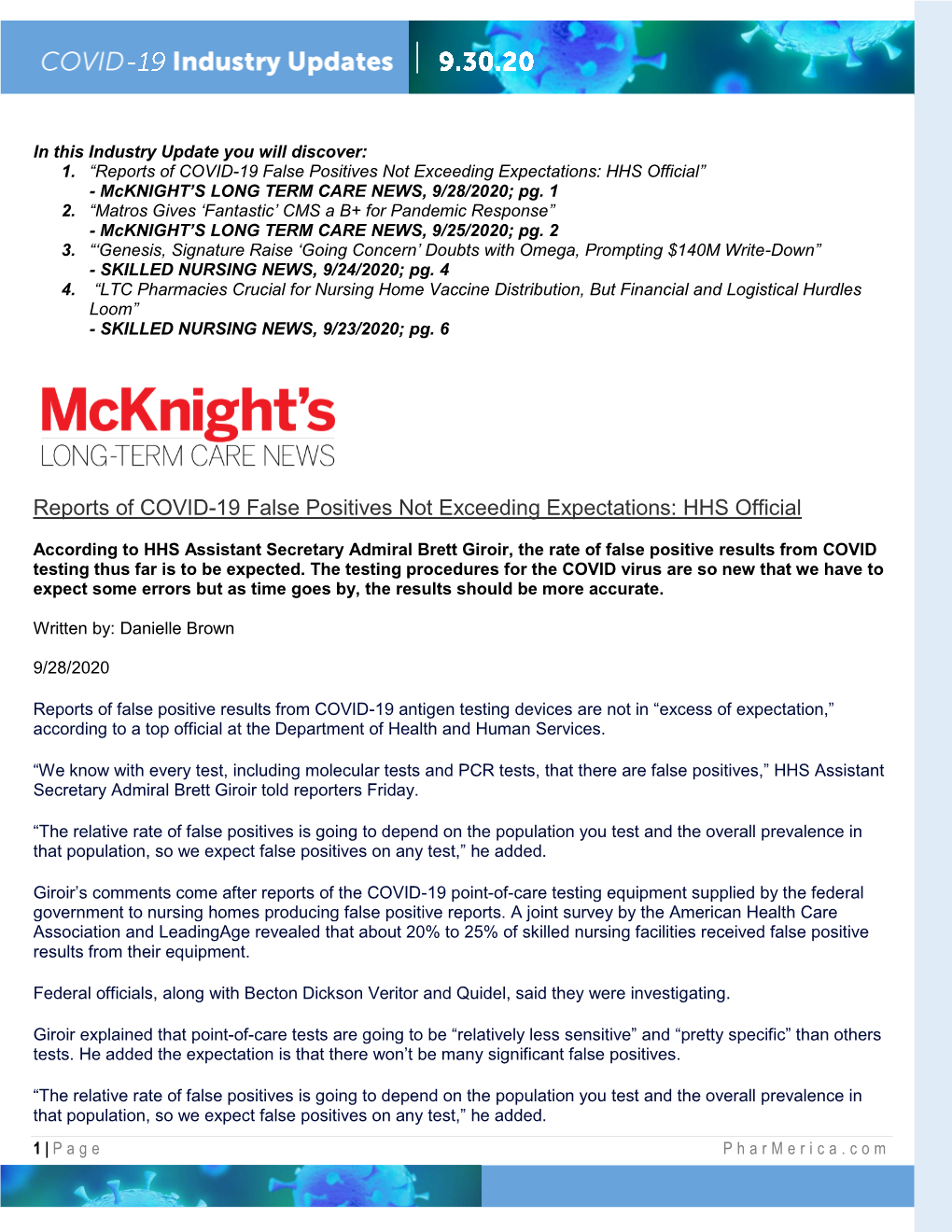 Reports of COVID-19 False Positives Not Exceeding Expectations: HHS Official” - Mcknight’S LONG TERM CARE NEWS, 9/28/2020; Pg
