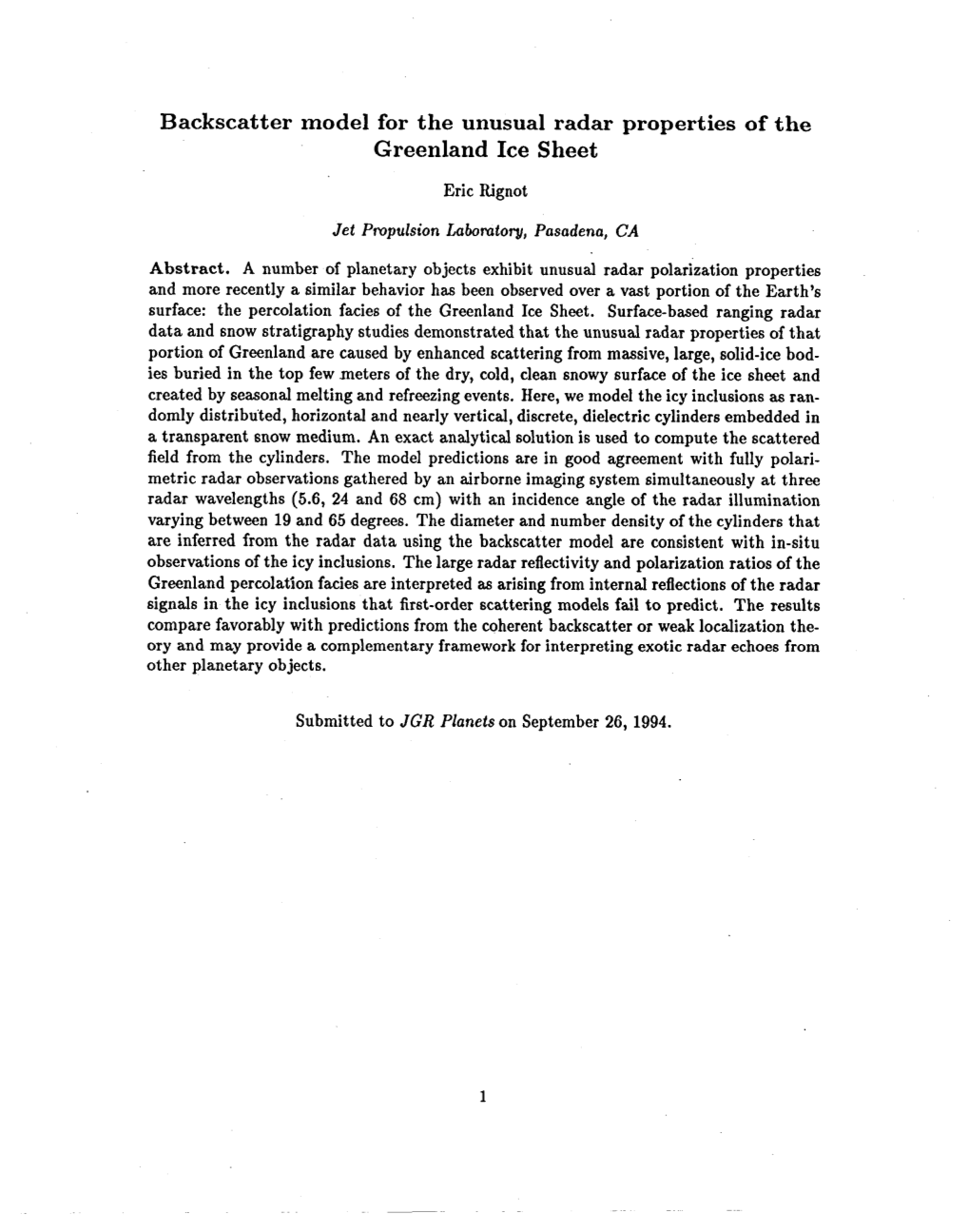 Backscatter Model for the Unusual Radar Properties of the Greenland Ice Sheet