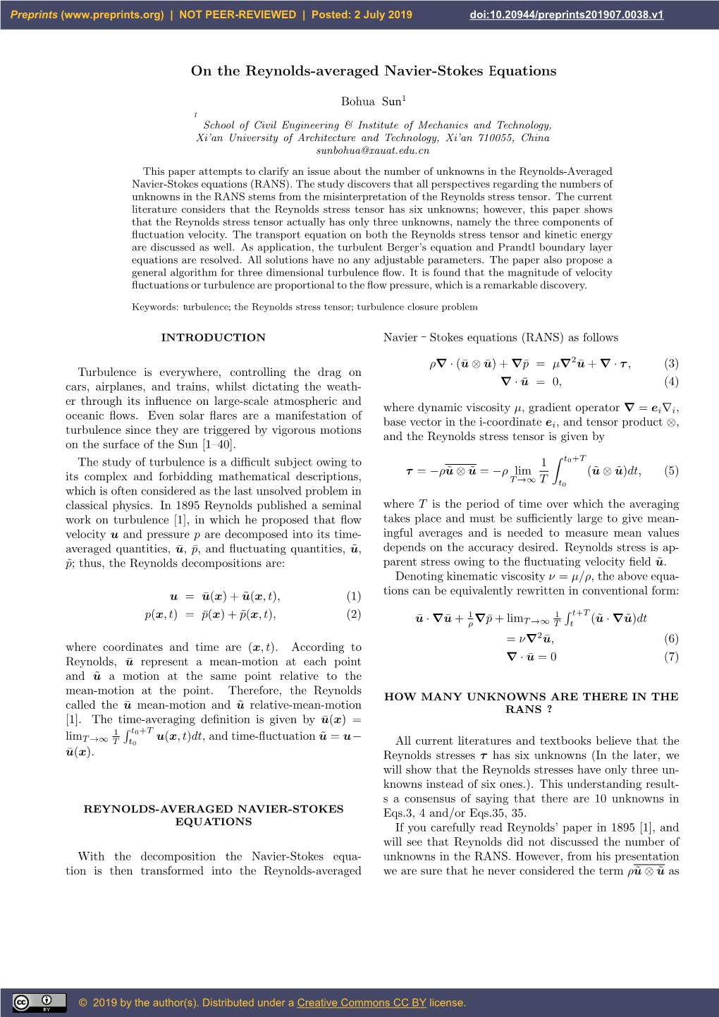 On the Reynolds-Averaged Navier-Stokes Equations