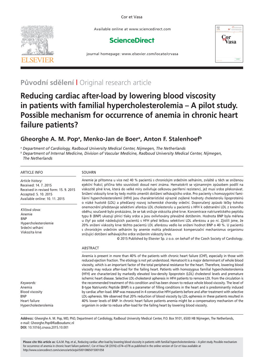 Reducing Cardiac After-Load by Lowering Blood Viscosity in Patients with Familial Hypercholesterolemia – a Pilot Study