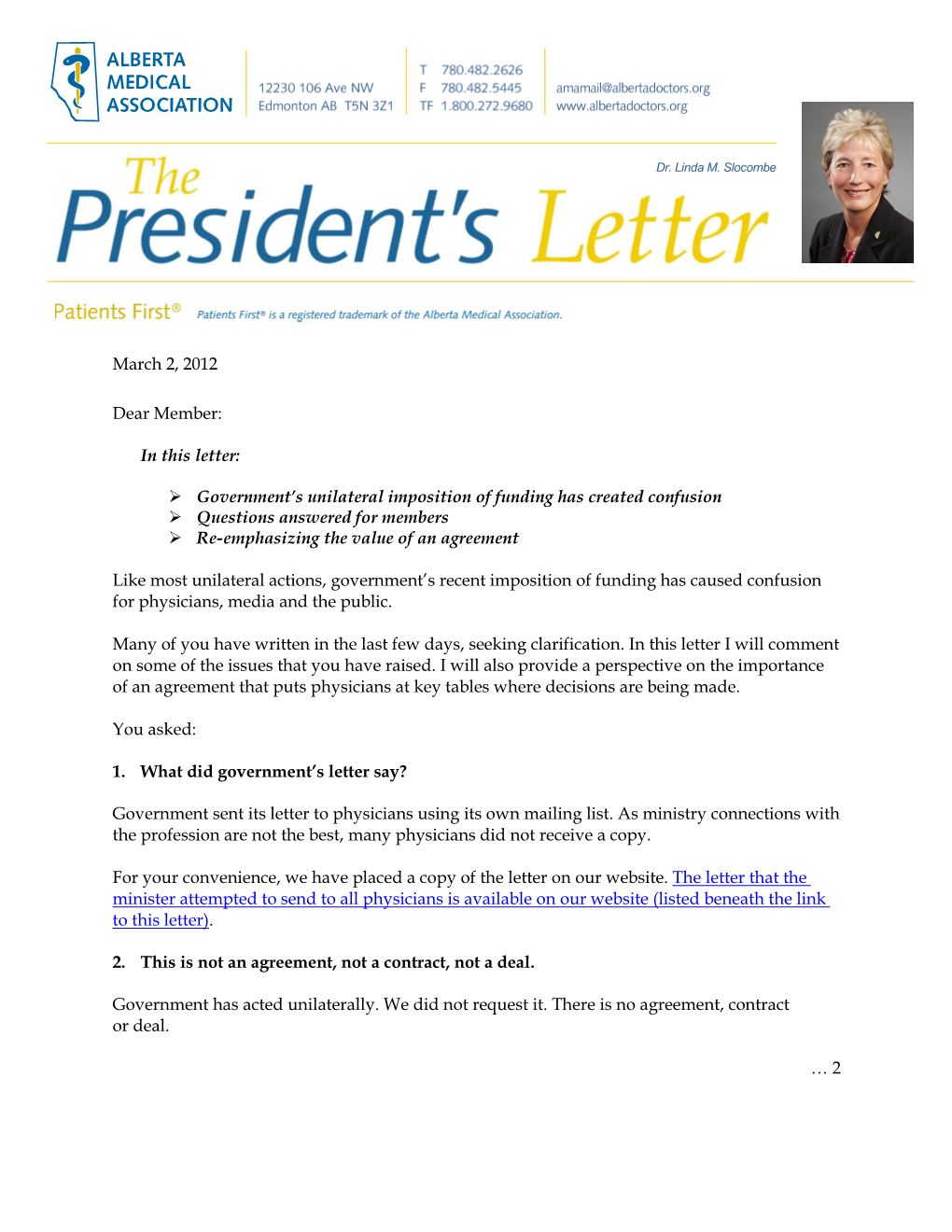 March 2, 2012 Dear Member: in This Letter: Government's Unilateral