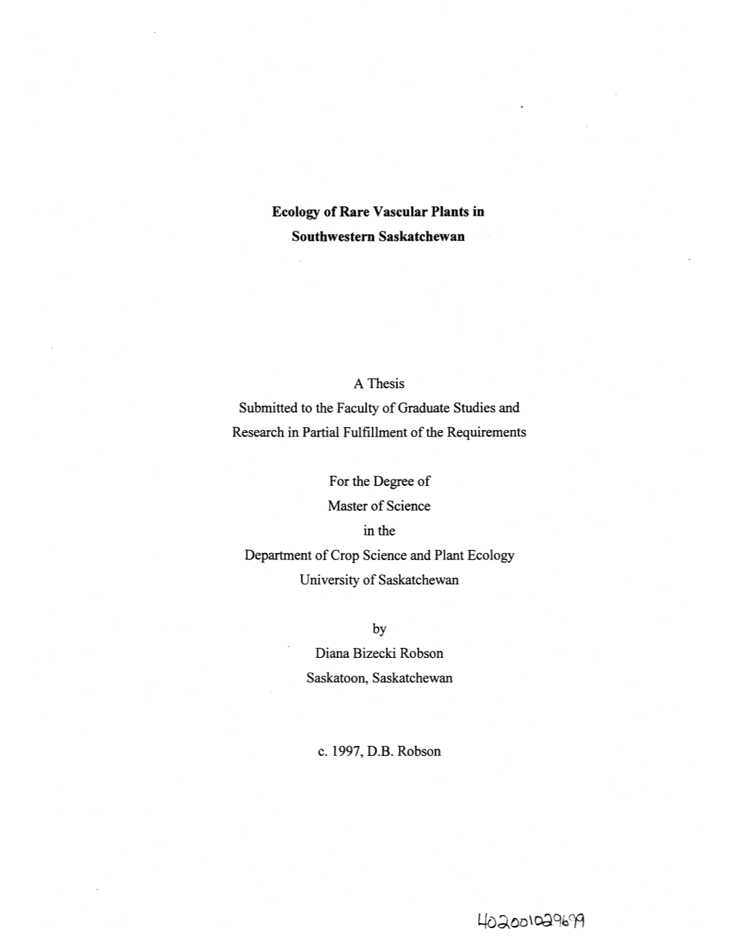 Ecology of Rare Vascular Plants in Southwestern Saskatchewan