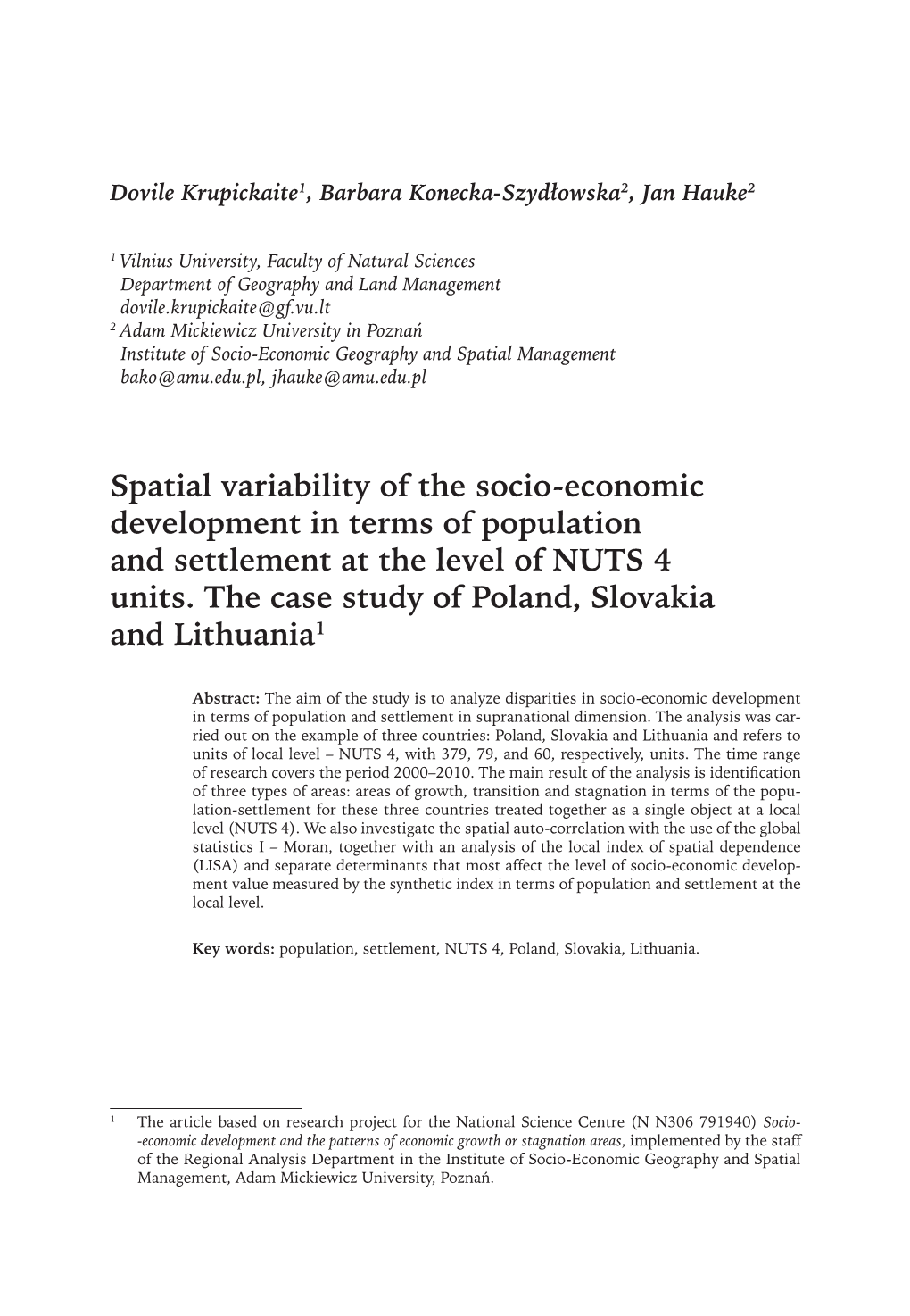 Spatial Variability of the Socio-Economic Development in Terms of Population and Settlement at the Level of NUTS 4 Units