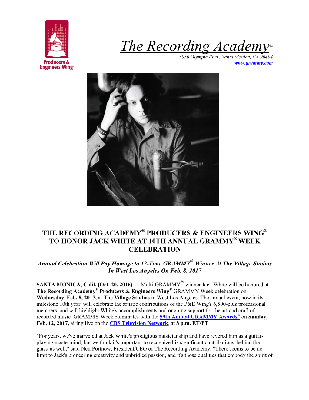 The Recording Academy® Producers & Engineers Wing® to Honor Jack White at 10Th Annual Grammy® Week Celebration
