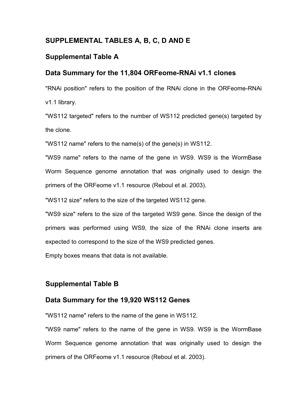 Supplemental Tables A, B, C, D and E