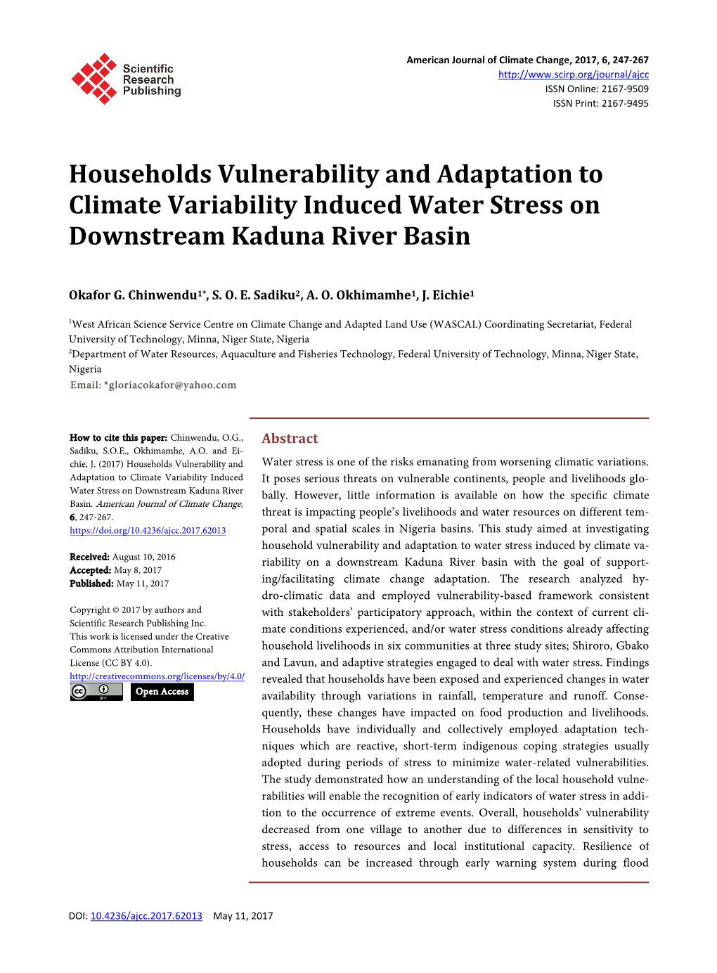 Households Vulnerability and Adaptation to Climate Variability Induced Water Stress on Downstream Kaduna River Basin