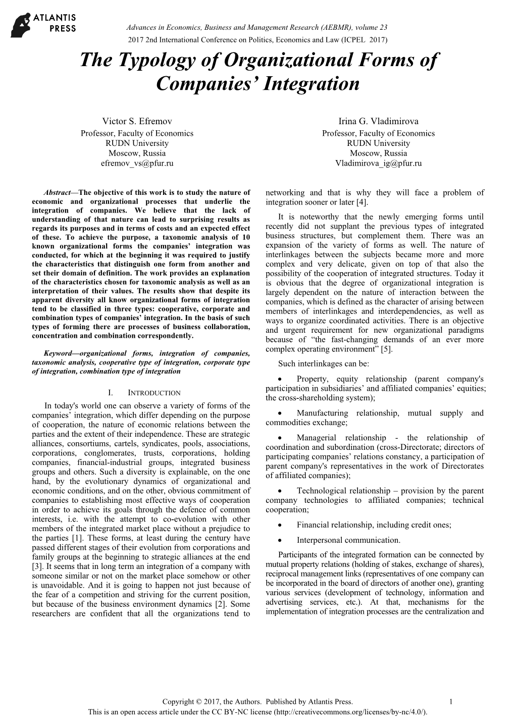 The Typology of Organizational Forms of Companies' Integration