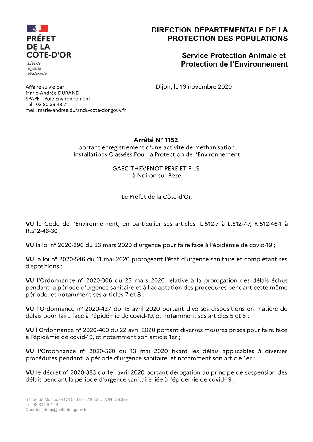 Arrêté Préfectoral D'enregistrement En Date Du 19/11/2020