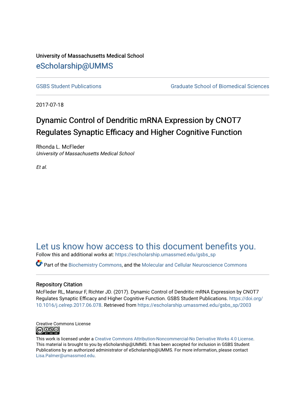 Dynamic Control of Dendritic Mrna Expression by CNOT7 Regulates Synaptic Efficacy and Higher Cognitive Function