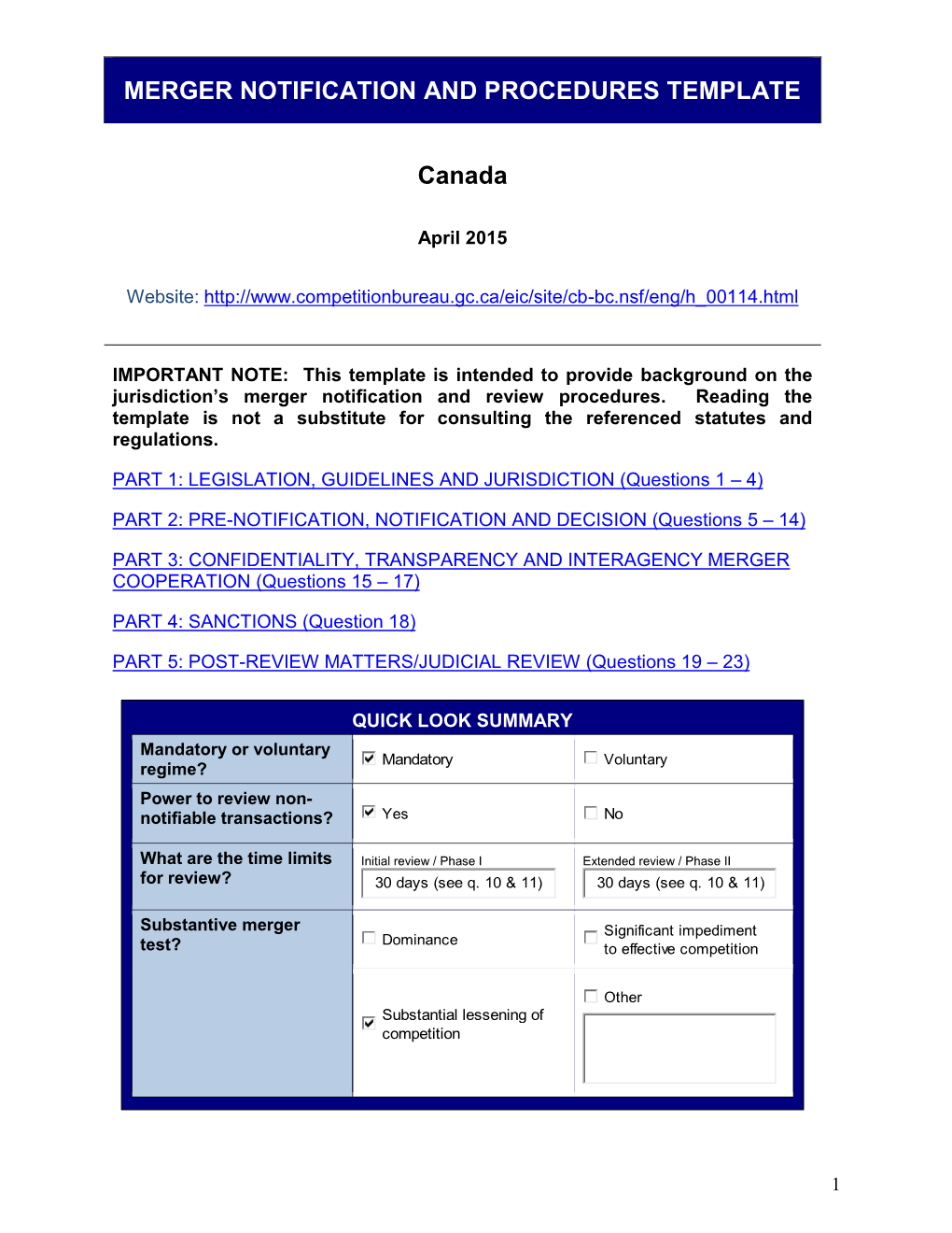 MERGER NOTIFICATION and PROCEDURES TEMPLATE Canada