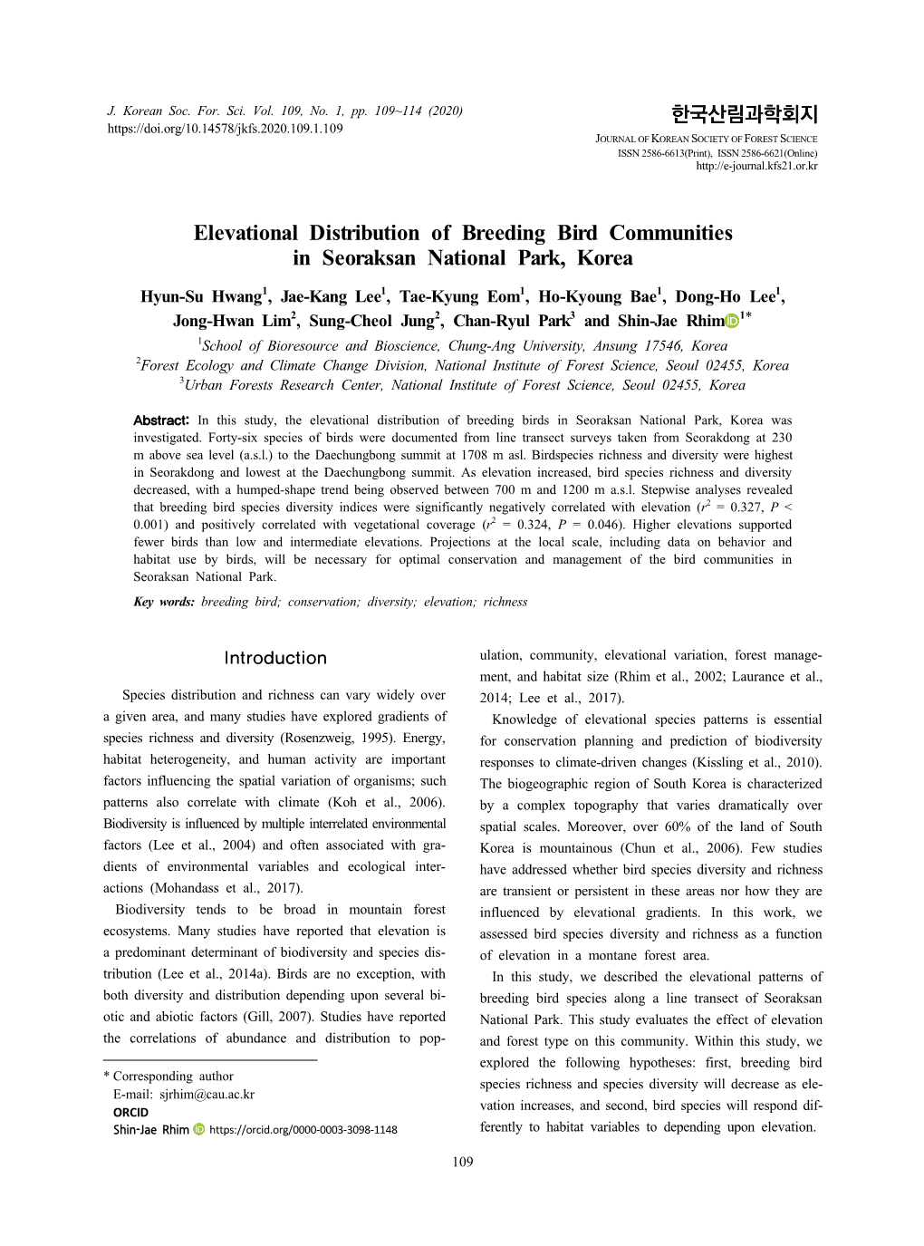 Elevational Distribution of Breeding Bird Communities in Seoraksan National Park, Korea