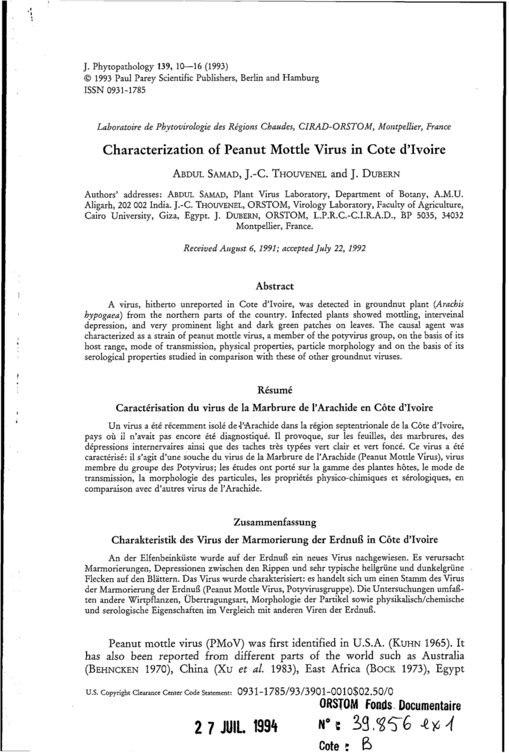 Characterization of Peanut Mottle Virus in Cote D'ivoire ABDULSAMAD, J.-C