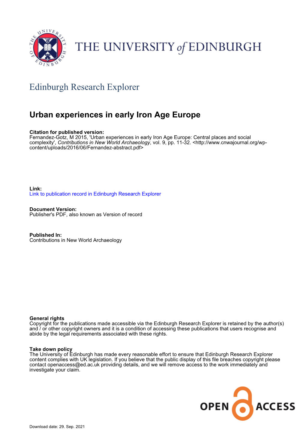 Urban Experiences in Early Iron Age Europe