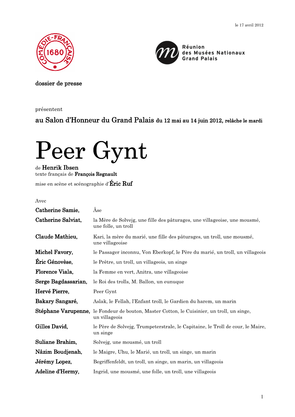 Dossier De Presse Peer Gynt Mai 2012