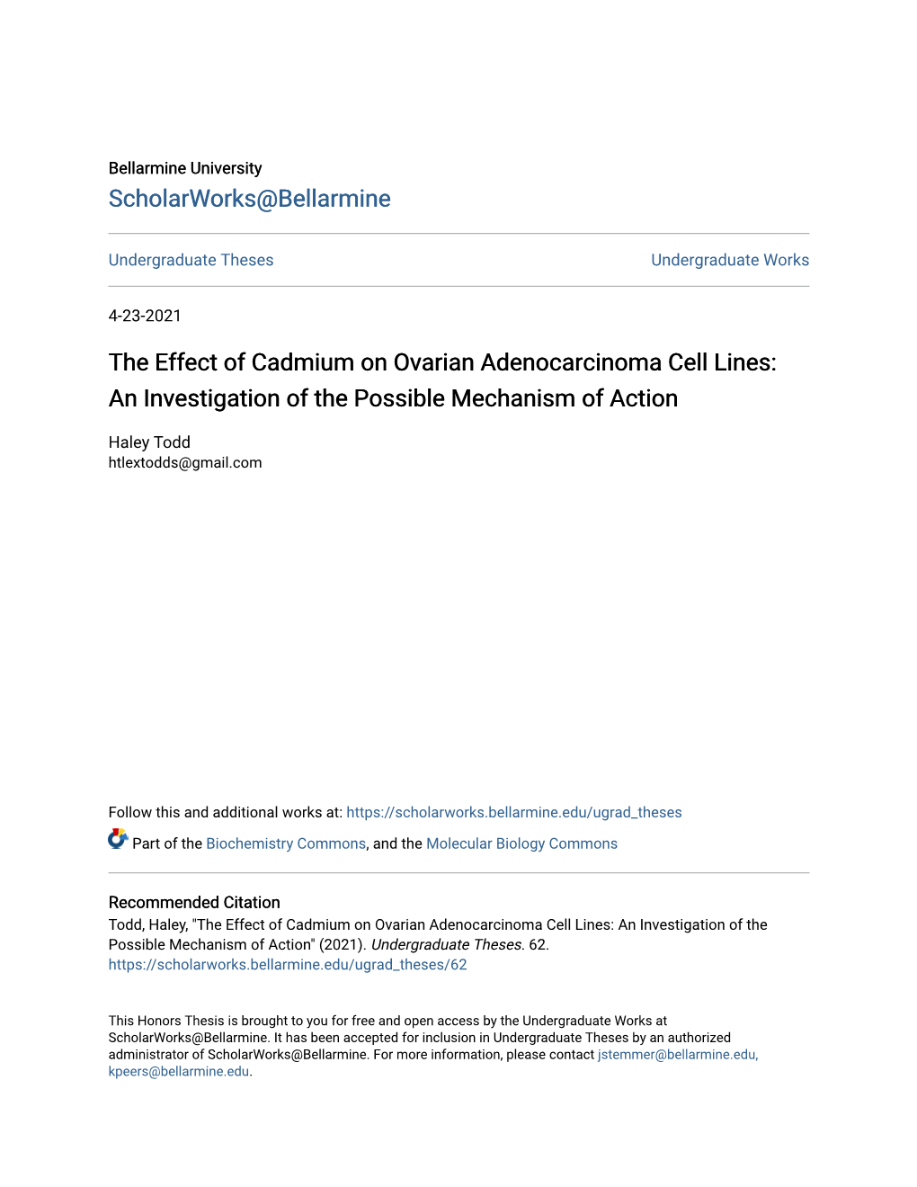 The Effect of Cadmium on Ovarian Adenocarcinoma Cell Lines: an Investigation of the Possible Mechanism of Action