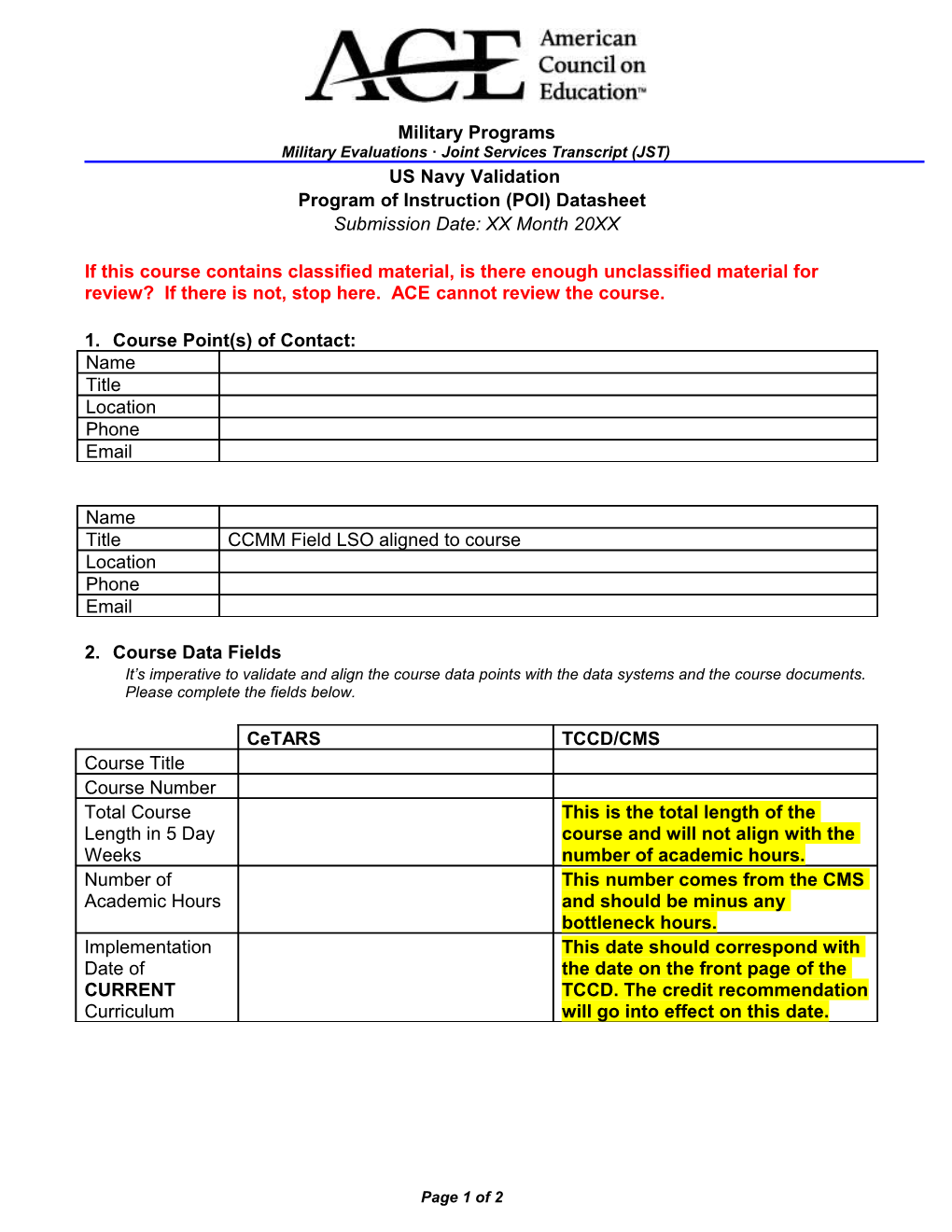 Navy POI Data Sheet