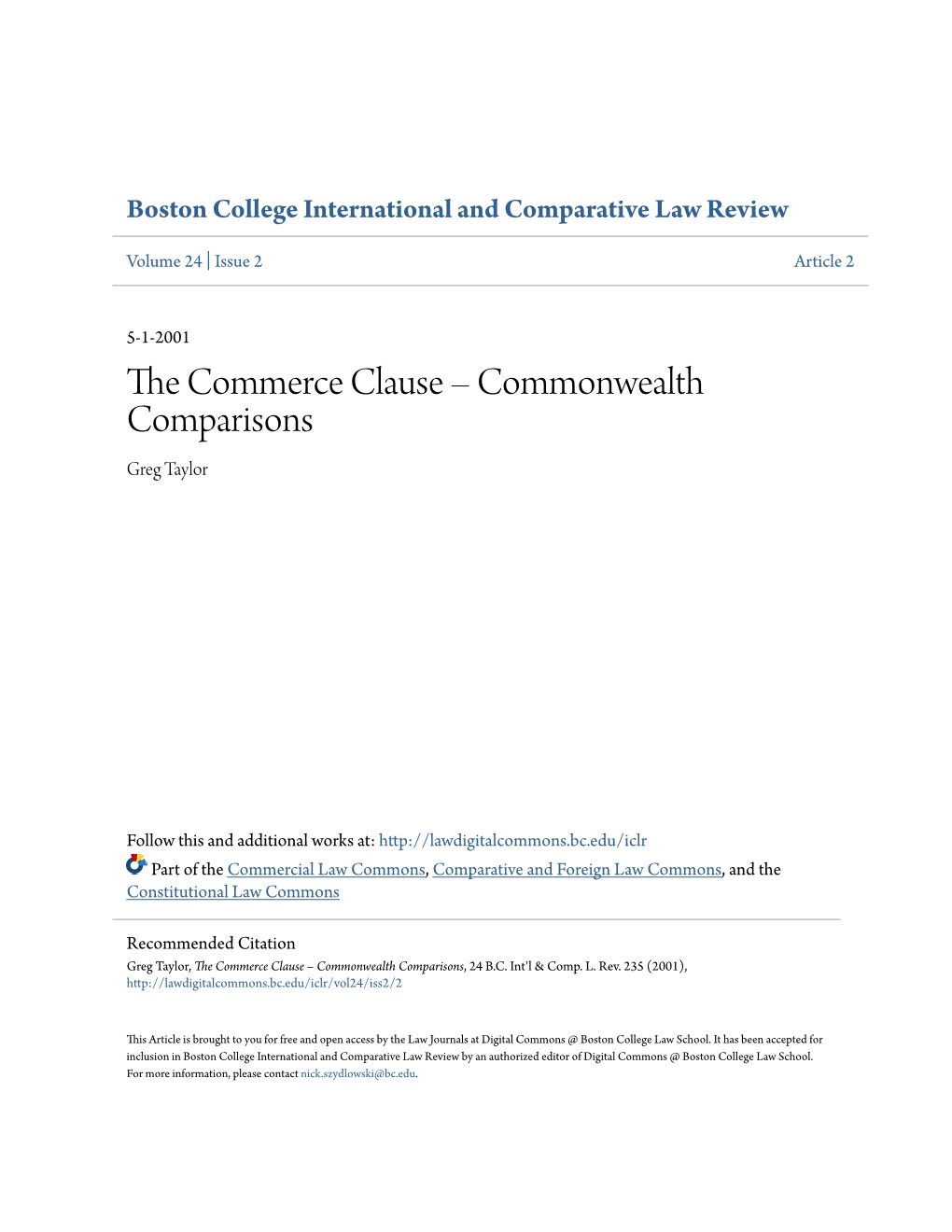 The Commerce Clause – Commonwealth Comparisons, 24 B.C