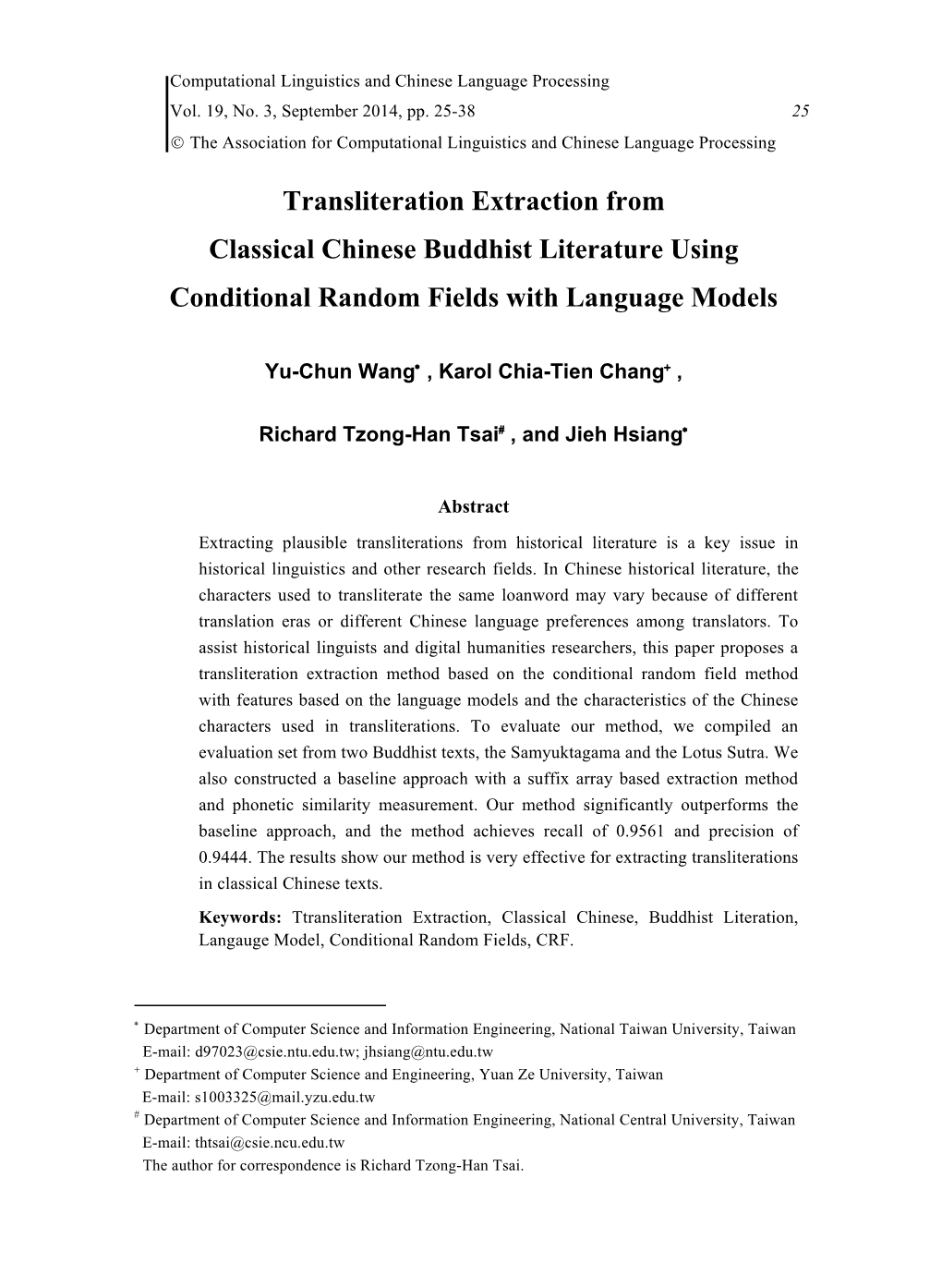 Transliteration Extraction from Classical Chinese Buddhist Literature Using Conditional Random Fields with Language Models