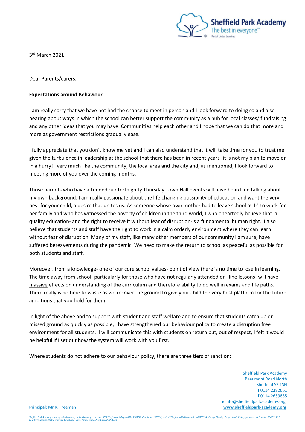 3Rd March 2021 Dear Parents/Carers, Expectations Around Behaviour I Am Really Sorry That We Have Not Had the Chance to Meet in P