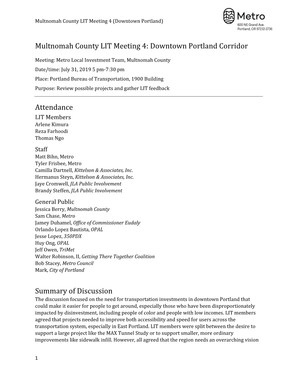 Multnomah County LIT Meeting 4: Downtown Portland Corridor Attendance Summary of Discussion