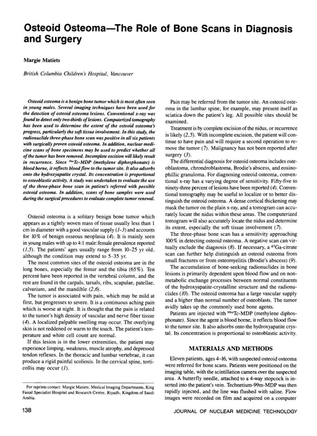 Osteoid Osteoma-The Role of Bone Scans in Diagnosis and Surgery