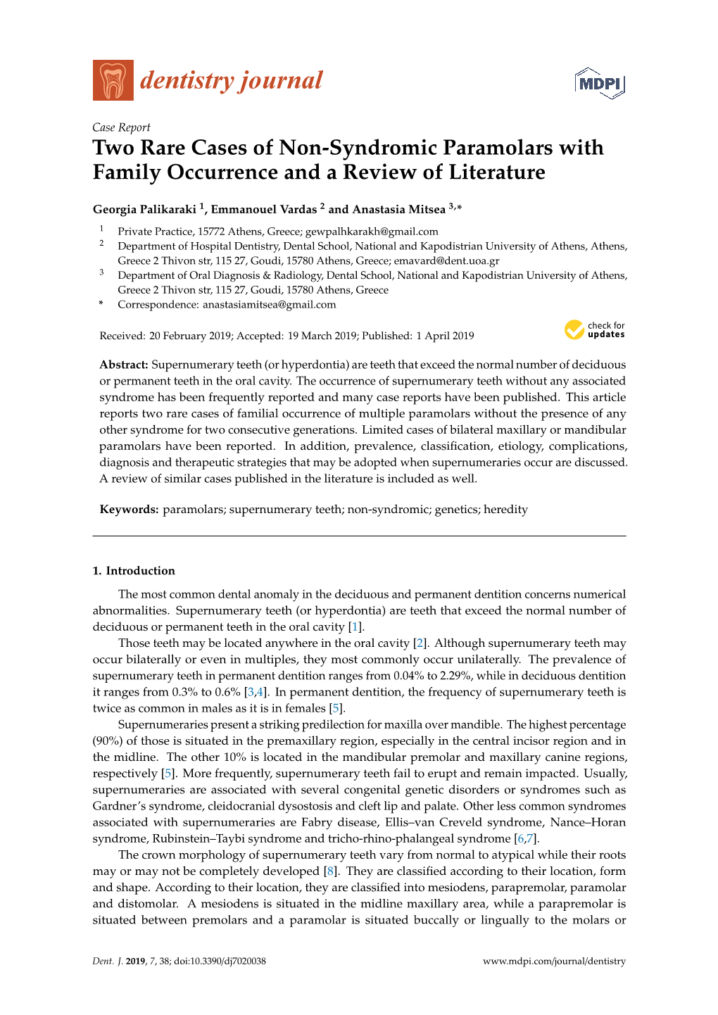 Two Rare Cases of Non-Syndromic Paramolars with Family Occurrence and a Review of Literature