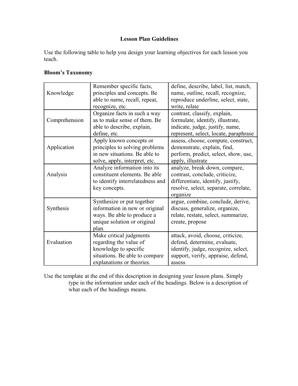 Lesson Plan Guidelines