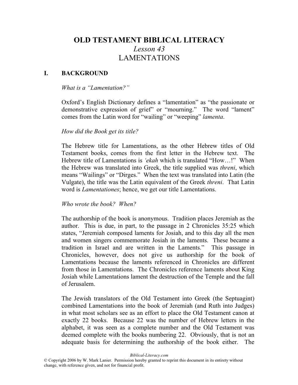 OLD TESTAMENT BIBLICAL LITERACY Lesson 43 LAMENTATIONS