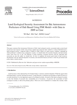 Land Ecological Security Assessment for Bai Autonomous Prefecture of Dali Based Using PSR Model--With Data in 2009 As Case